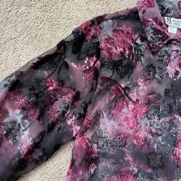 Vintage Maggie Sweet Whimsigoth Velvet Burnout Sheer ButtonUp Fairy Shiny Top 2X - Picture 5 of 13